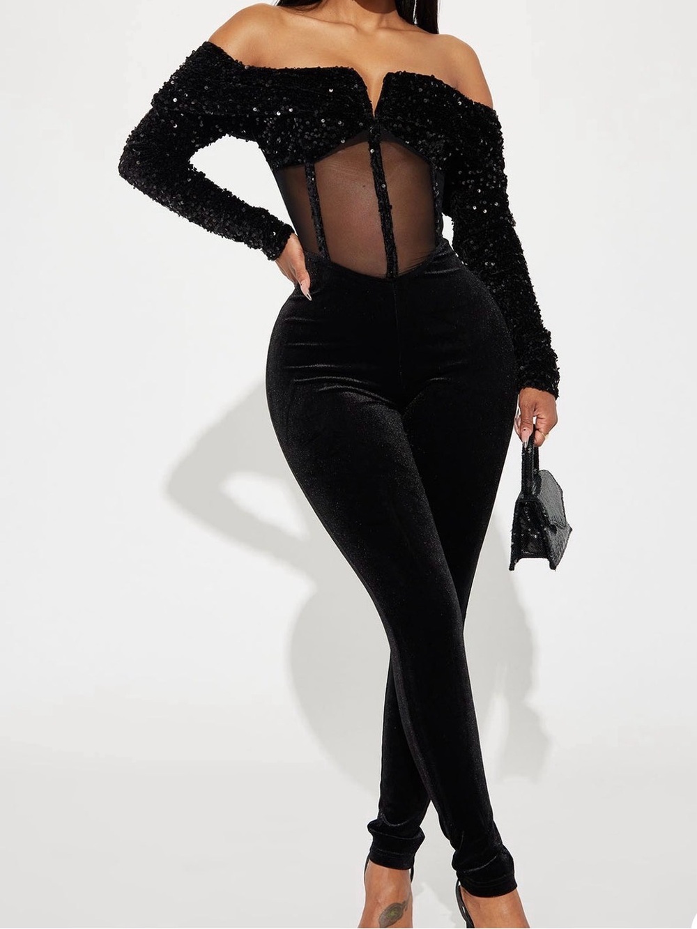 Off-Shoulder Black Sequin Jumpsuit